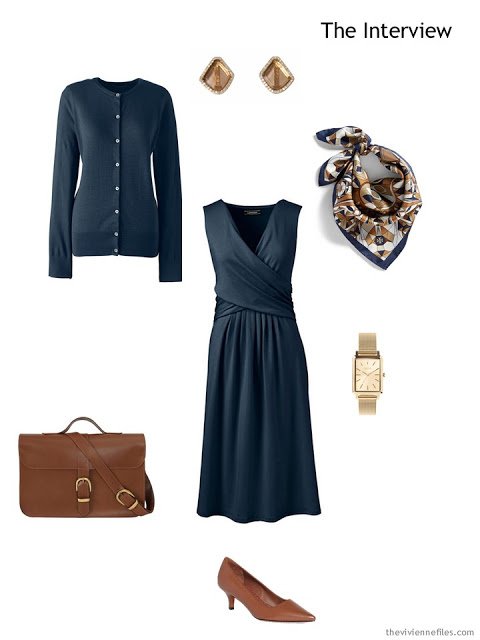 job interview outfit in navy with brown accessories