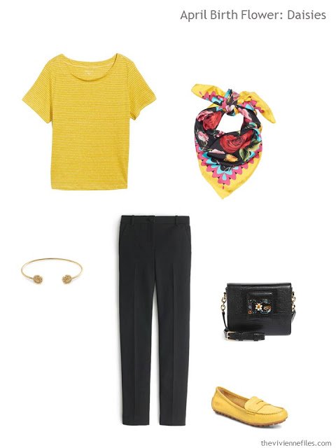 a yellow and black spring outfit with accessories