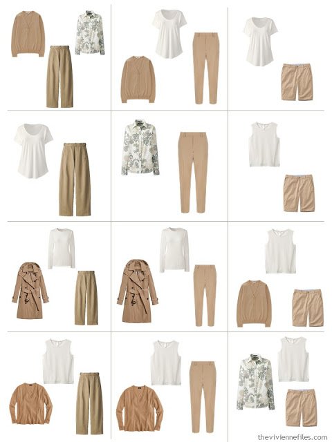 12 outfits from a 10-piece Common Wardrobe in camel and ivory