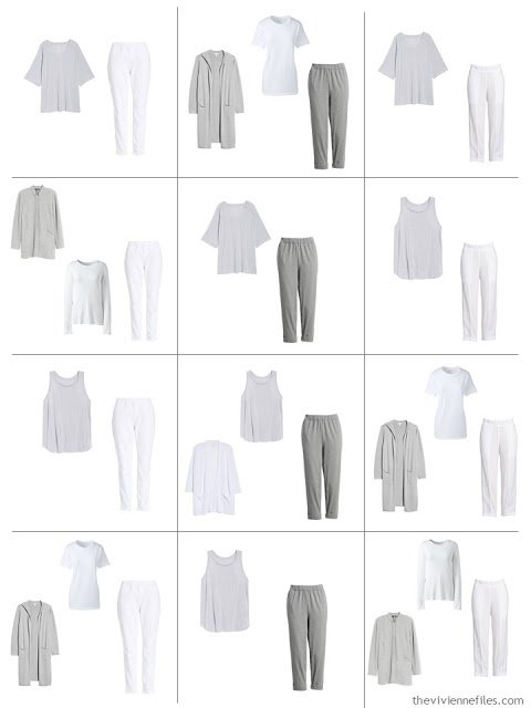 12 outfits from a 10-piece Common Wardrobe in grey and white