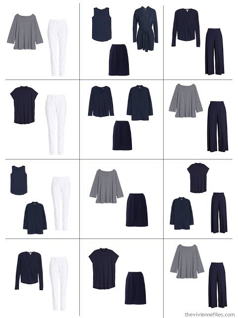 12 outfits from a 10-piece Common Wardrobe in navy and white for spring
