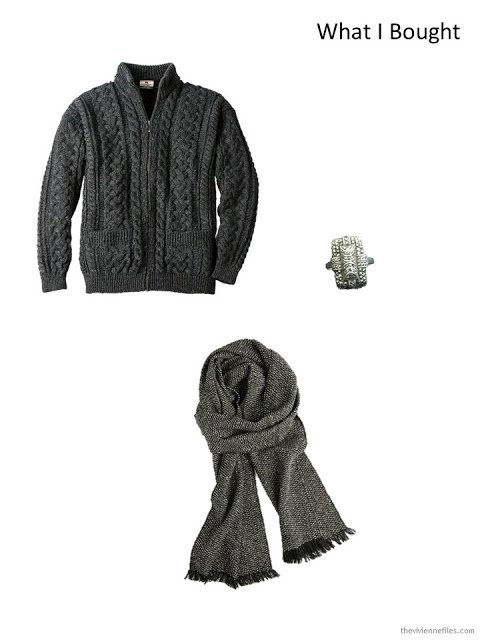 Charcoal Aran cardigan, antique marcasite & sterling ring, black tweed scarf