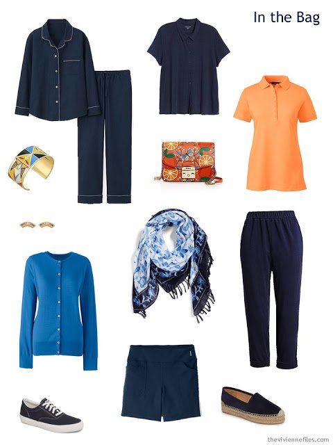 Tote Bag Travel capsule wardrobe in navy with orange and bright blue accents