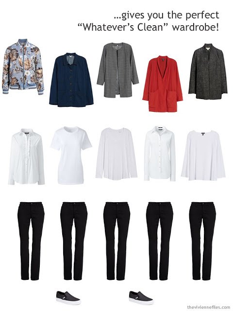 a uniform wardrobe of 15 pieces with colored and print jackets, white tops and black jeans