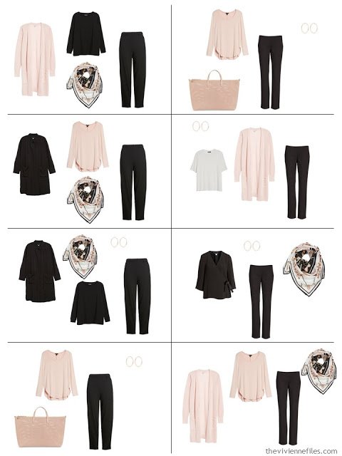 8 outfits in black and white with blush accents