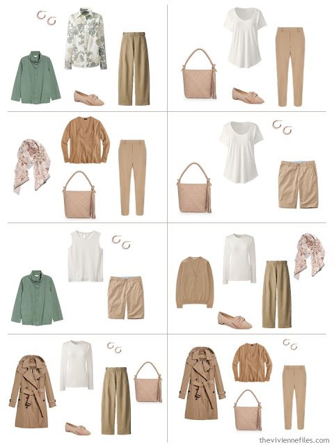 8 outfits in camel and ivory with blush and sage accents