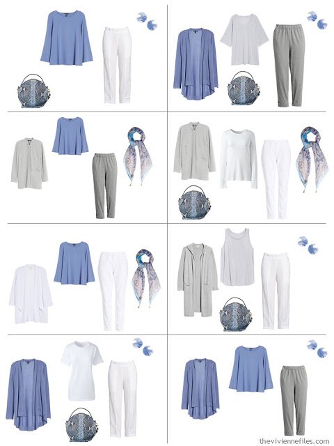 8 outfits in grey and white accented with periwinkle