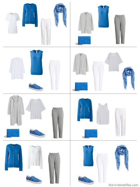 8 outfits in grey and white with Palace Blue accents