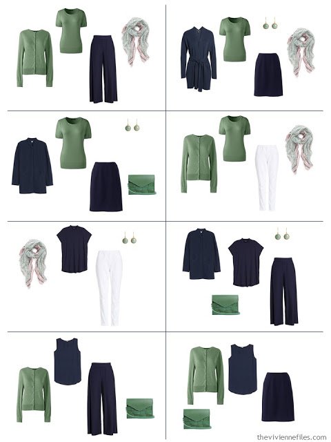 8 outfits in navy and white accented with lovet green