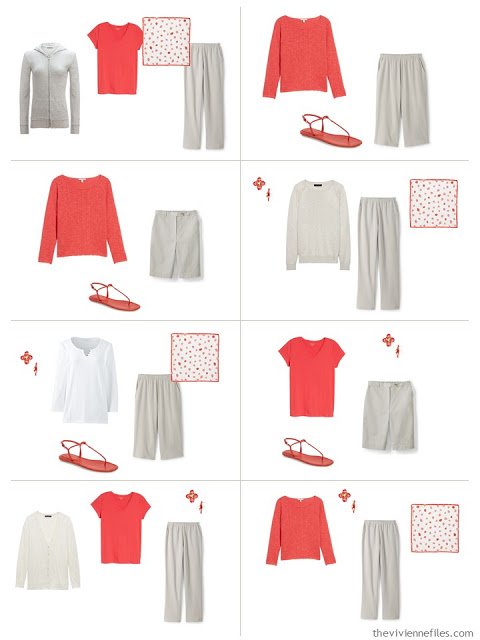 8 outfits in stone and white using strawberry as an accent