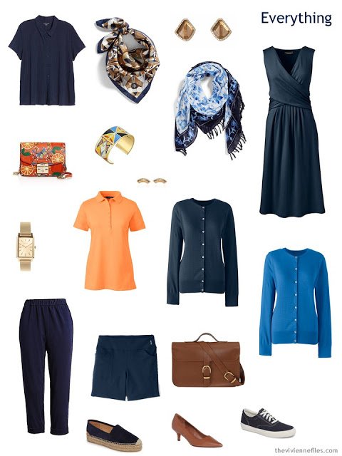 Tote Bag Travel capsule wardrobe in navy with orange and bright blue accents