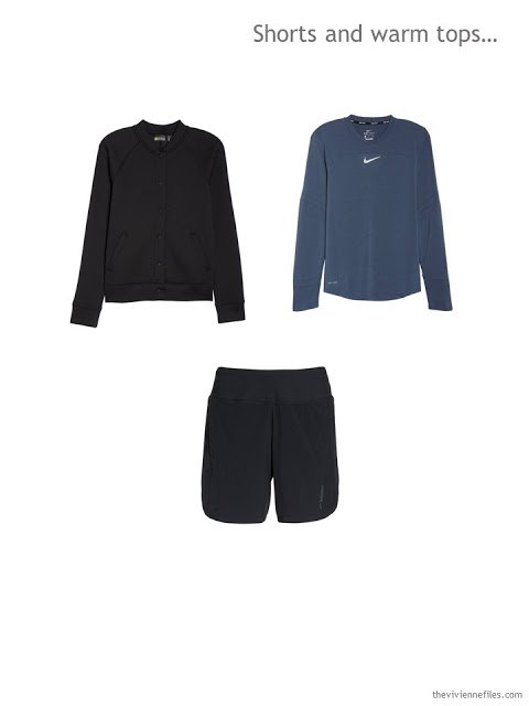 a sports outfit including a black jacket, blue long-sleeved top and black shorts