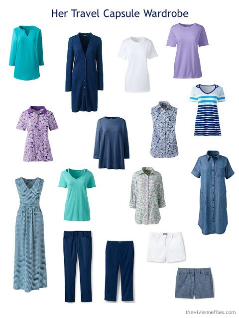 4 by 4 Travel Capsule Wardrobe in navy and white with accents of teal and lavender
