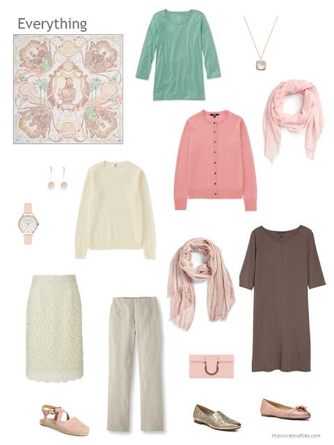 capsule wardrobe in brown and ivory with green and peach