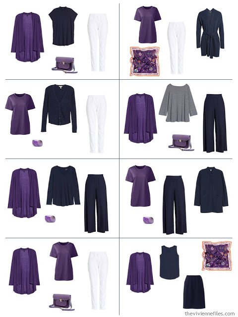 8 outfits in navy and white with ultra violet accents