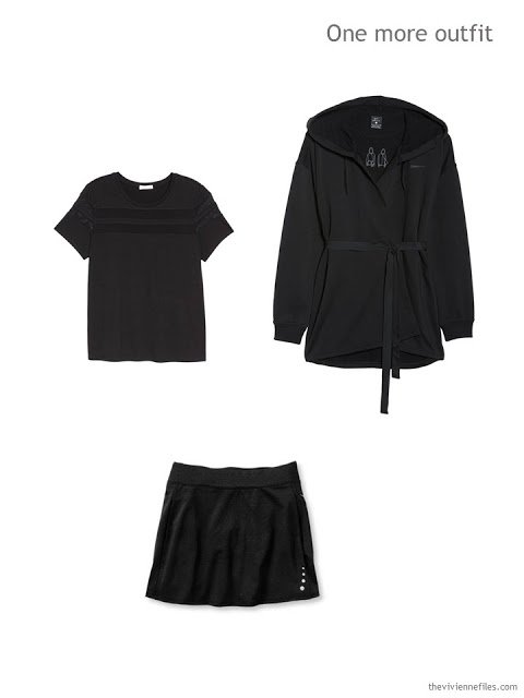 sports outfit of black tee, skort and wrap hoodie jacket