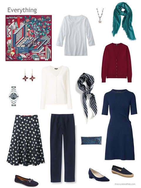 capsule wardrobe in navy with white and burgundy