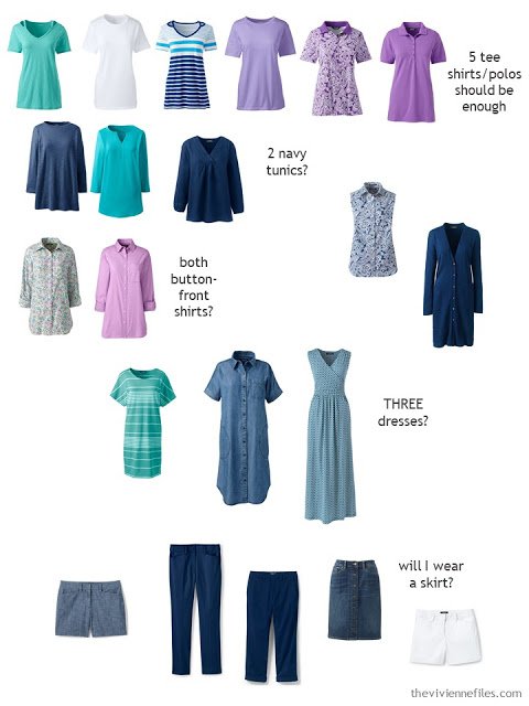 a spring and summer travel capsule wardrobe sorted by type of garment