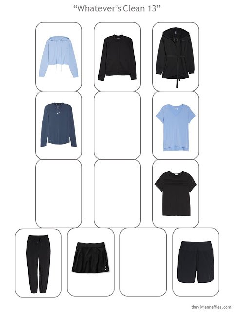 Step 3 of a Whatever's Clean 13 sports wardrobe in black, blue and white