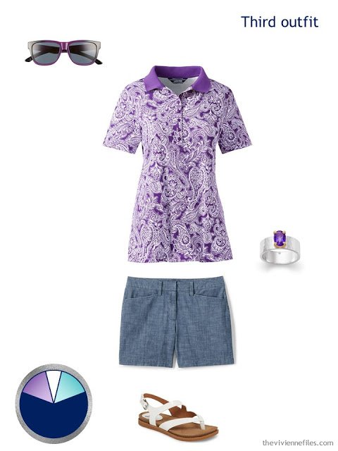 vacation or summer outfit in lavender and chambray, with accessories