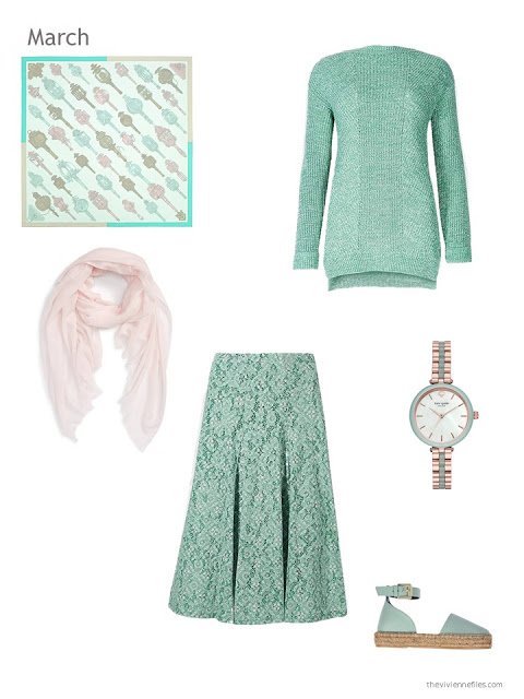 green sweater and green brocade skirt