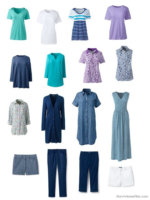 a travel capsule wardrobe in navy and white with teal and lavender accents