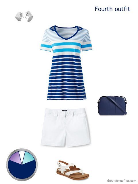 summer outfit of white shorts and striped top, with accessories