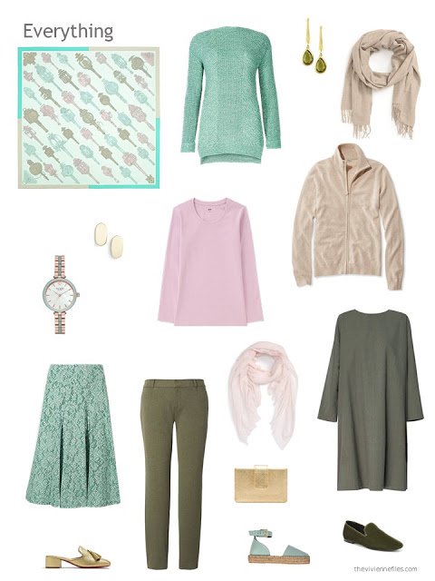capsule wardrobe in olive with leaf green, pink and beige