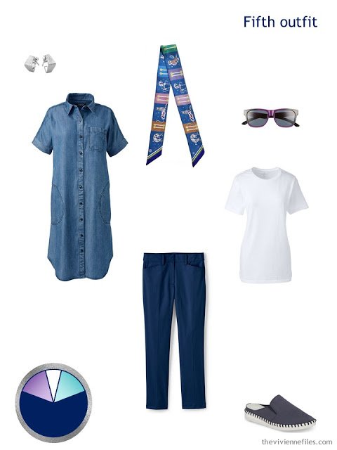 white tee, navy capris and a denim duster, with accessories