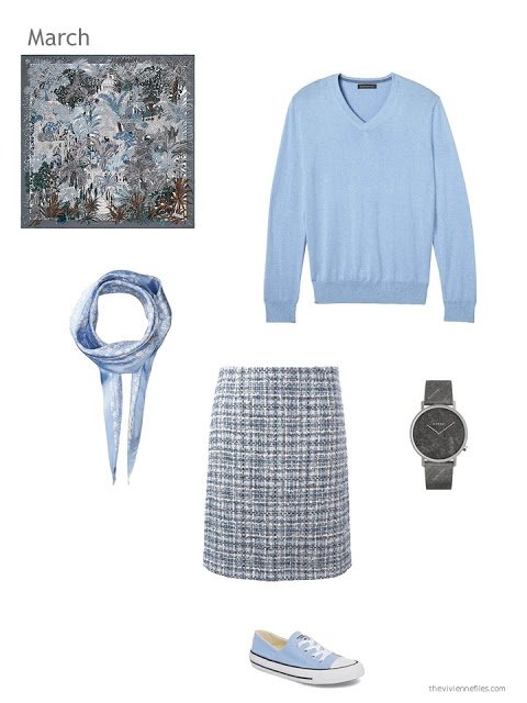 light blue sweater with tweed skirt