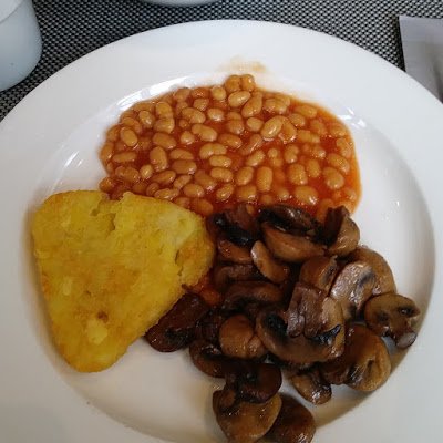 breakfast of fried potatoes, baked beans and mushrooms