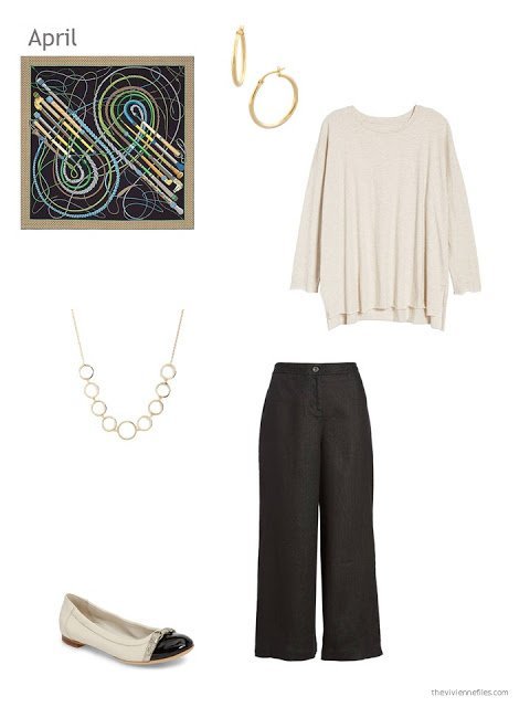 Spring outfit in beige and black, with accessories