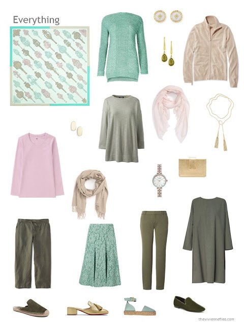 a capsule wardrobe in shades of green with pink and beige accents