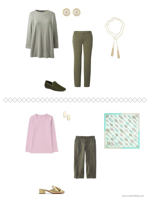 2 outfits from a capsule wardrobe in shades of green with pink and beige accents