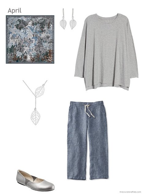 a Spring outfit in grey and chambray blue