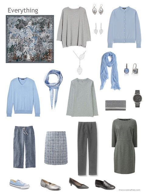 a capsule wardrobe in shades of grey with blue accents