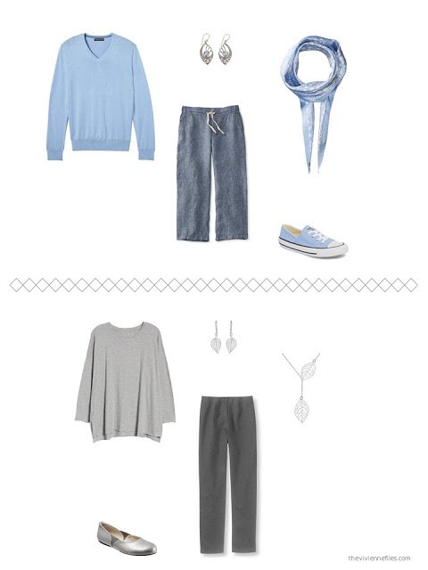 2 outfits from a capsule wardrobe in shades of grey with blue accents