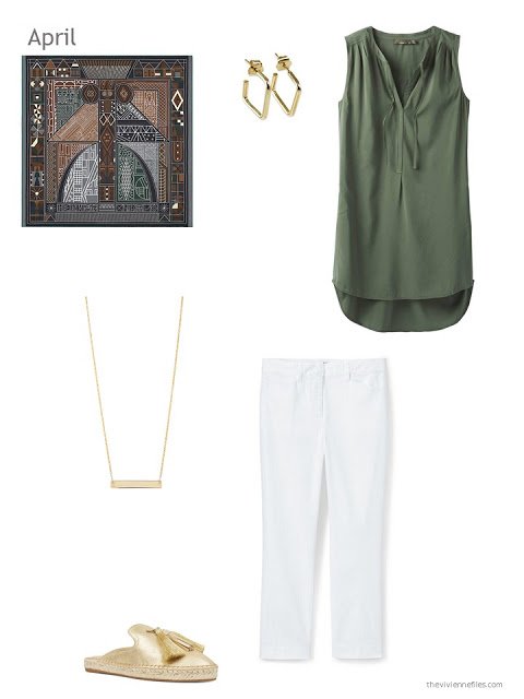 warm weather outfit in olive green and white