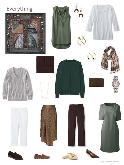 capsule wardrobe in brown and green with grey and white accents