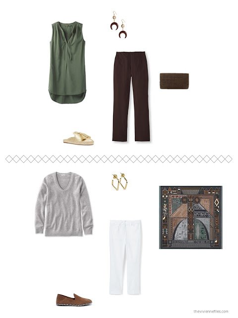 2 outfits from a capsule wardrobe in brown and green with grey and white accents