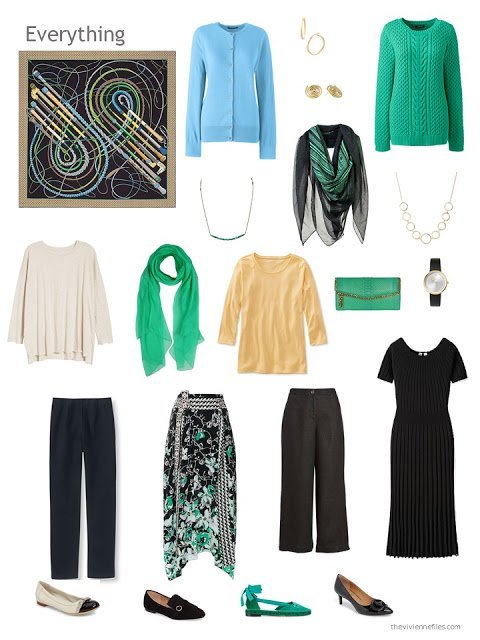 capsule wardrobe in black and ivory with green, yellow and blue accents
