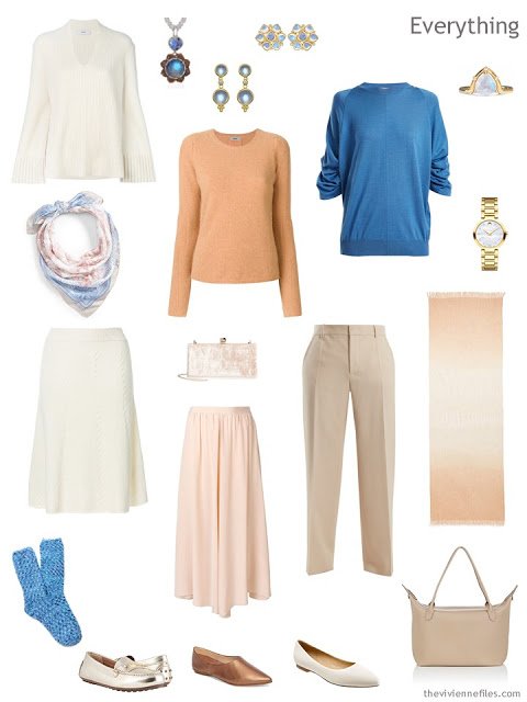 travel capsule wardrobe in ivory, apricot and blue