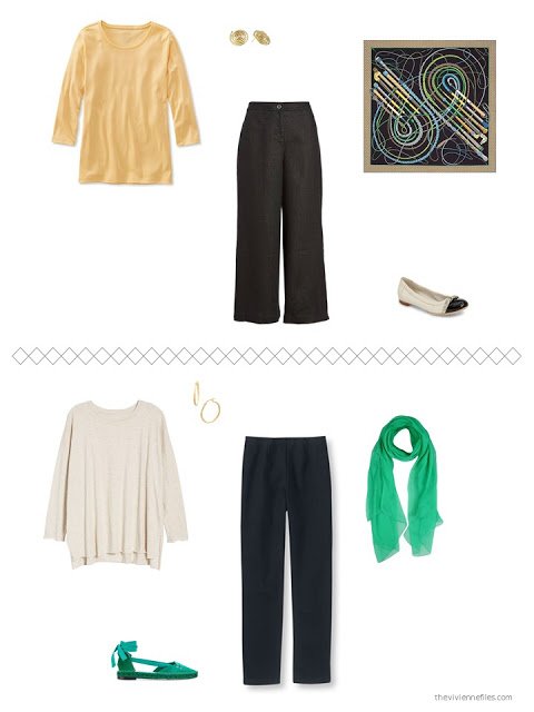 2 spring outfis based on black linen pants and an ivory tunic