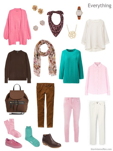 Travel Capsule Wardrobe for cold weather in brown, beige, pink and green