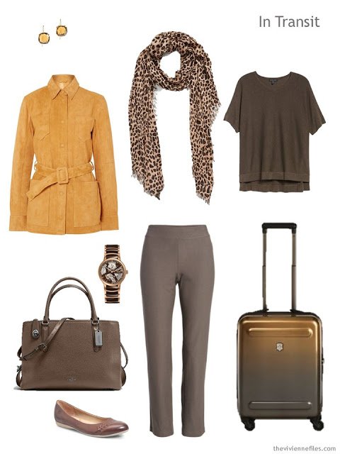 travel outfit in brown and gold