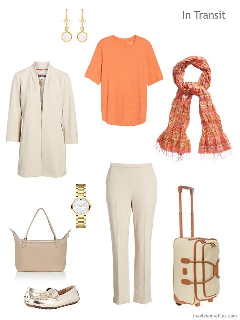 travel outfit in beige and orange