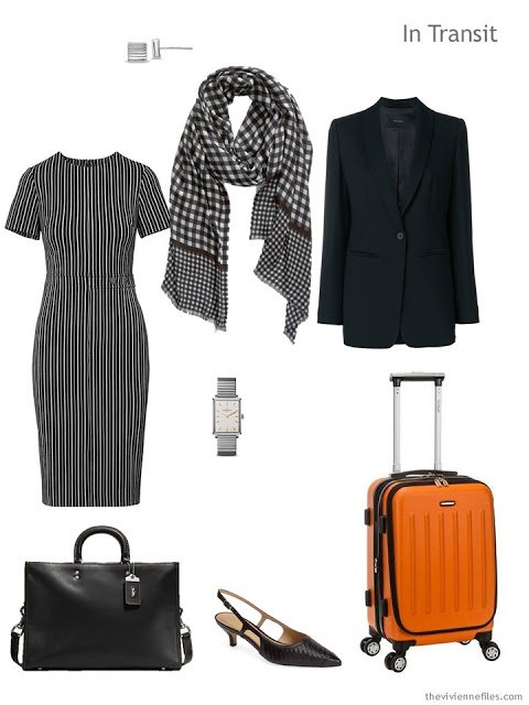 business travel outfit in black and white