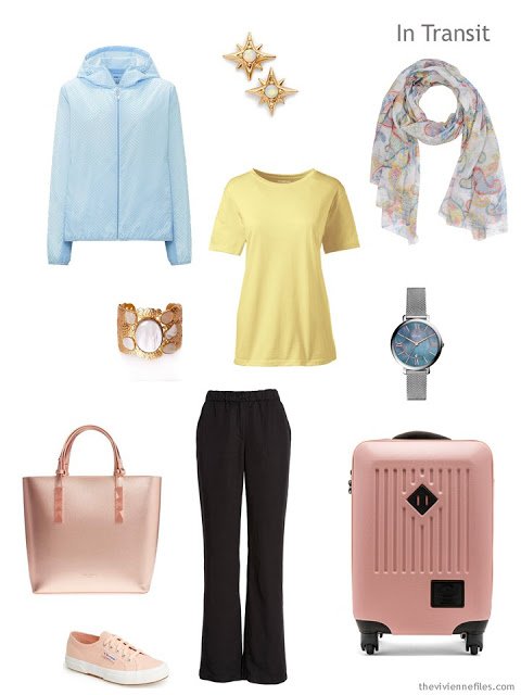 travel outfit for spring in black with mixed pastels