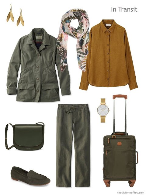 travel outfit in olive with gold accents