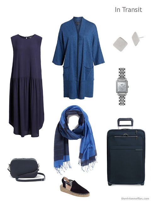 travel outfit in navy and medium blue